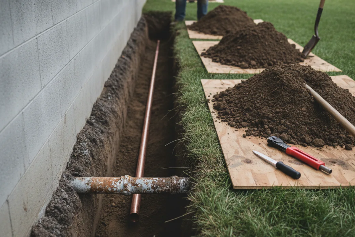 Excavated water line trench during Water Softener Installation in Becker
